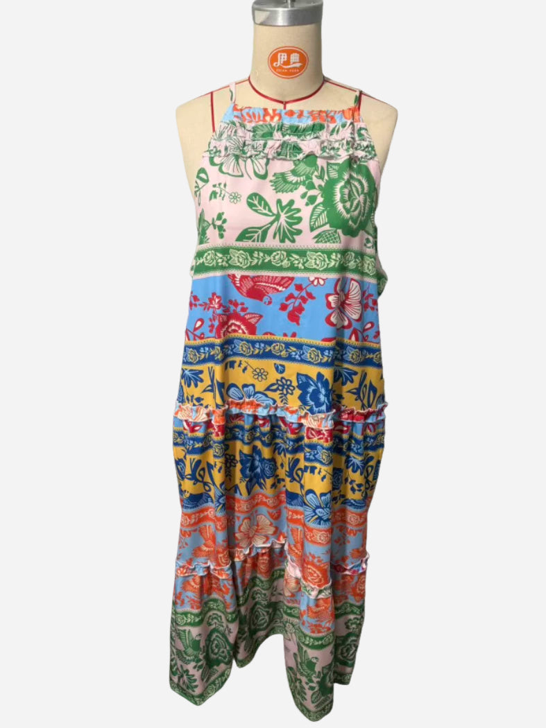 Fashionable Printed Contrast-Color Dress Womens Clothing