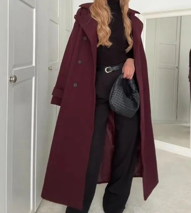 Fashion Lapel Woolen Coat With Belt Winter Double-breasted Trench Long Jacket