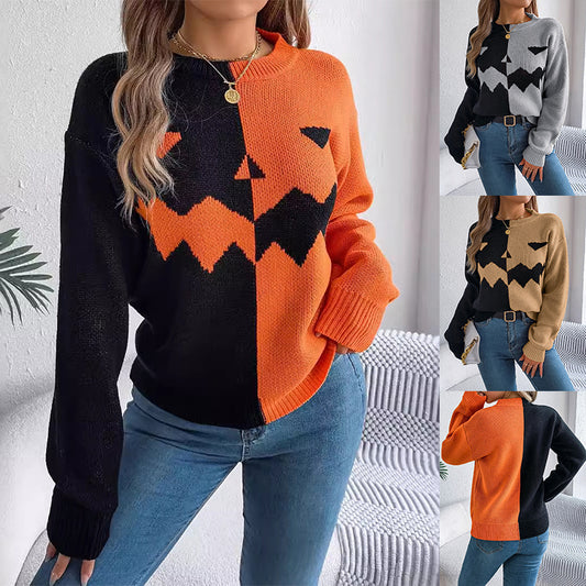 Halloween Contrast-color Pullover Sweater Fashion Long Sleeve Knitted