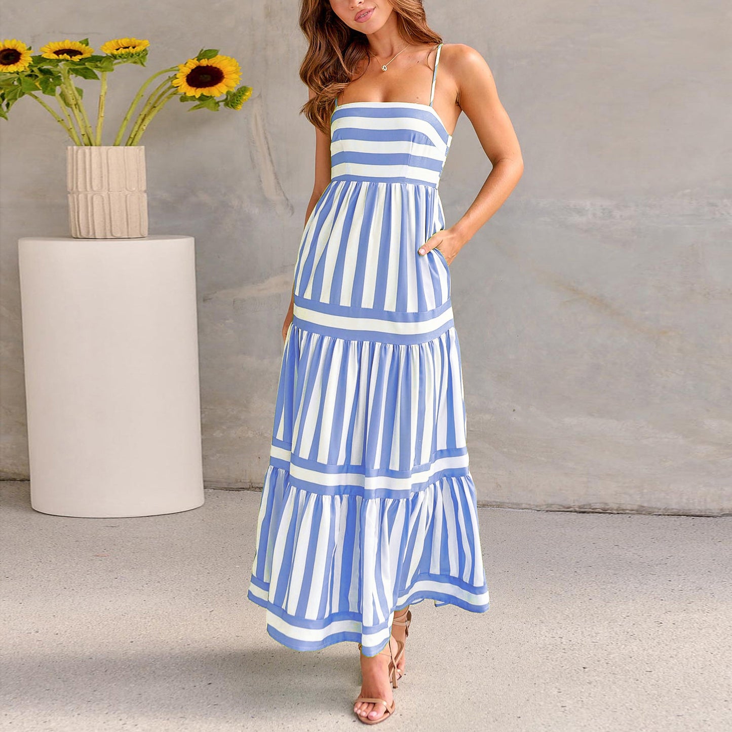 Striped Printed Suspender Long Dress - Suspender Dresses | Koalakits36