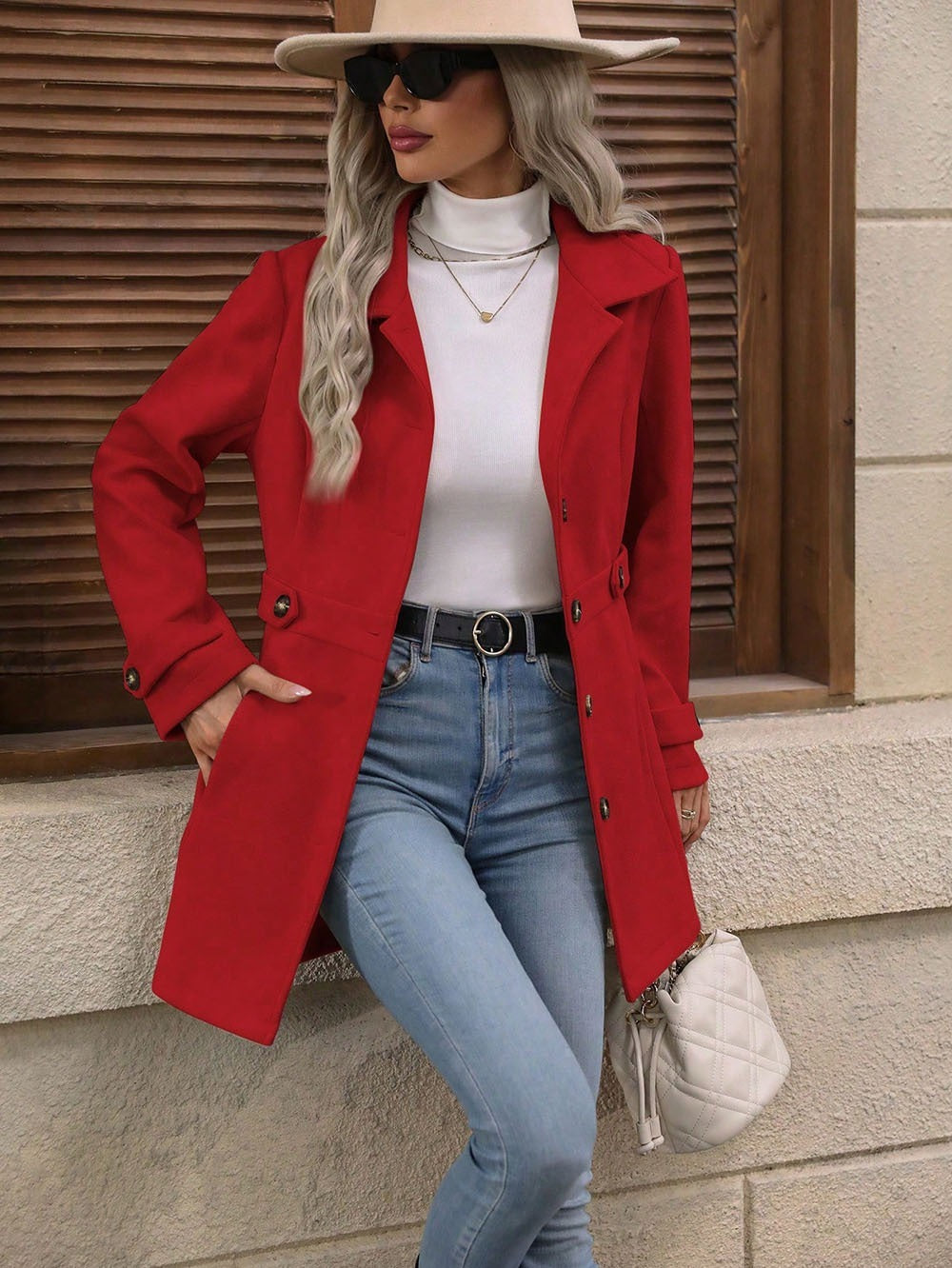 Elegant Single-breasted Woolen Coat Buttons Lapel Mid-length Jacket Women's Clothing