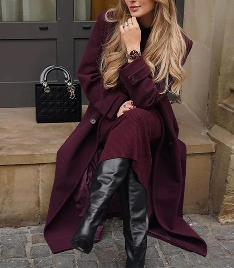 Fashion Lapel Woolen Coat With Belt Winter Double-breasted Trench Long Jacket