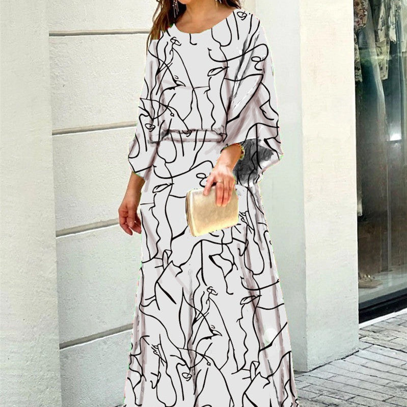 Loose Printed Long Sleeve Top And High Waist Long Skirt