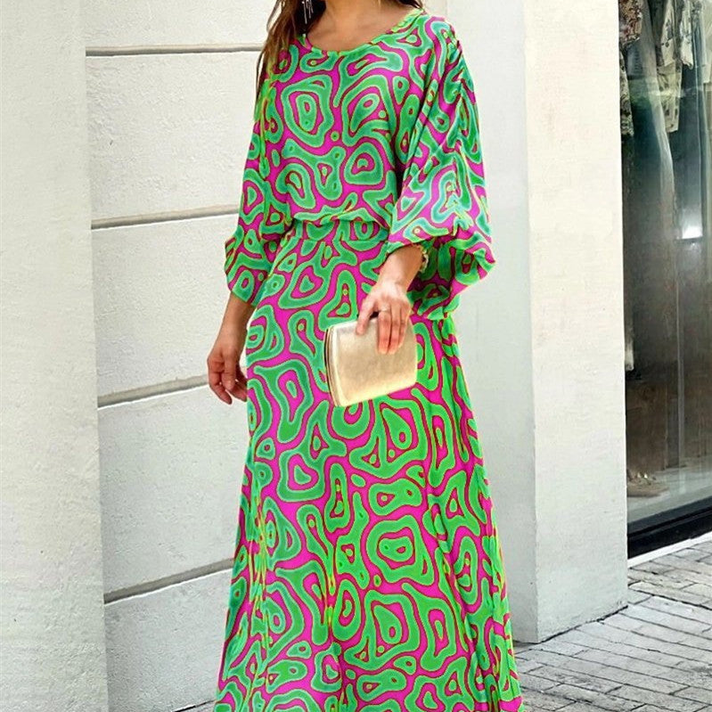 Loose Printed Long Sleeve Top And High Waist Long Skirt