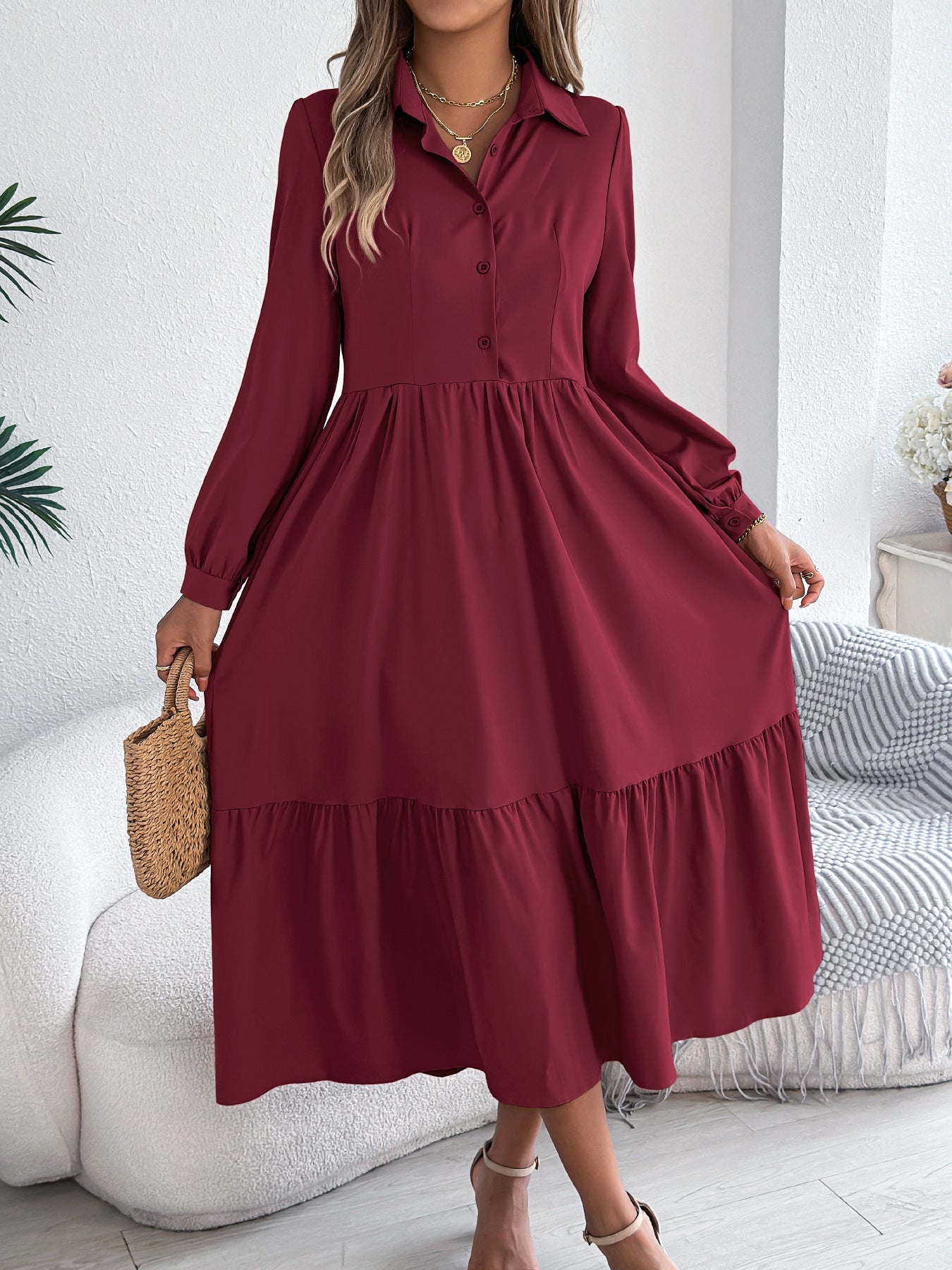 Women's Lapel Casual Loose Long Sleeve Ruffled Shirt Dresses Long Sleeved Turn-down Collar Single-Breasted Dress Spring Autumn Fashion Women's Clothing For Vacation | Koalakits36