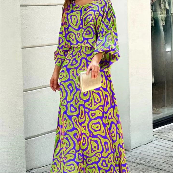 Loose Printed Long Sleeve Top And High Waist Long Skirt