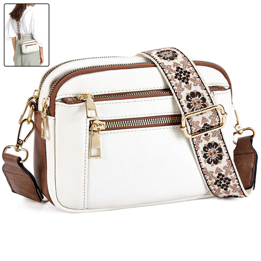 Triple-zipper Shoulder Bag With Floral Embroidered Straps Fashion Colorblock Multi-functional Crossbody Bags For Women | Koalakits36