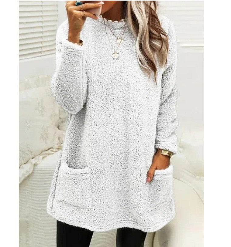 Women's Fleece Pullover Long Sweater With Pockets with Hoodie Winter Warm Thicken Casual Long Sleeve Plush Loose Tops Koalakits36