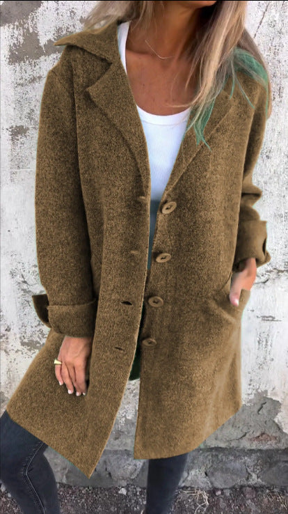 Lapel Single Breasted Cardigan With Pockets Fashion Color Solid