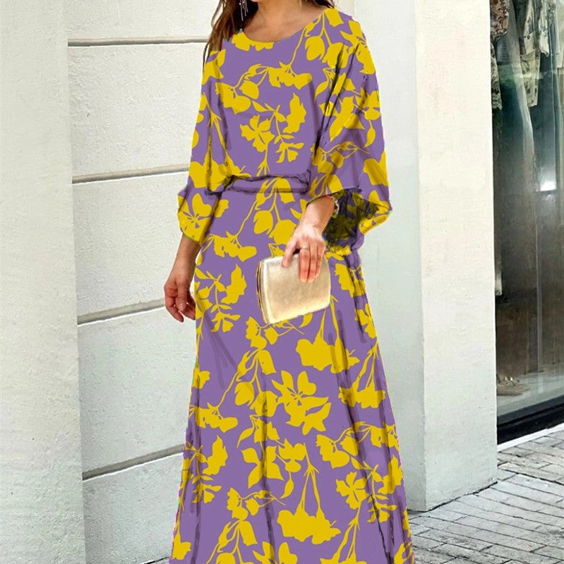 Loose Printed Long Sleeve Top And High Waist Long Skirt