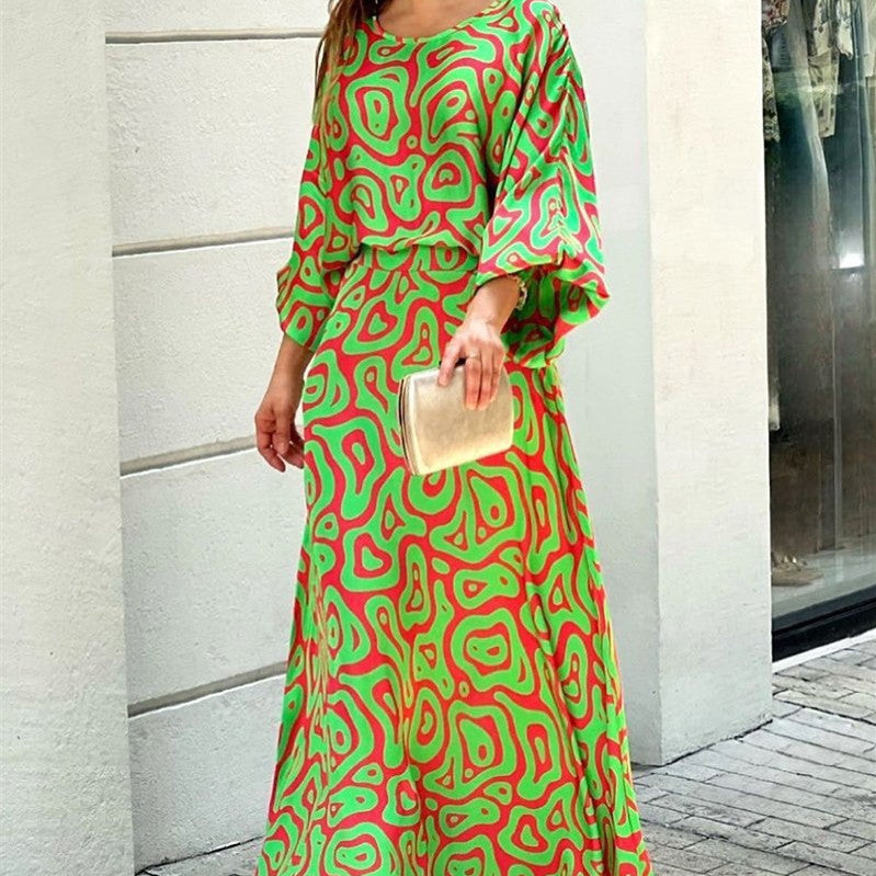 Loose Printed Long Sleeve Top And High Waist Long Skirt
