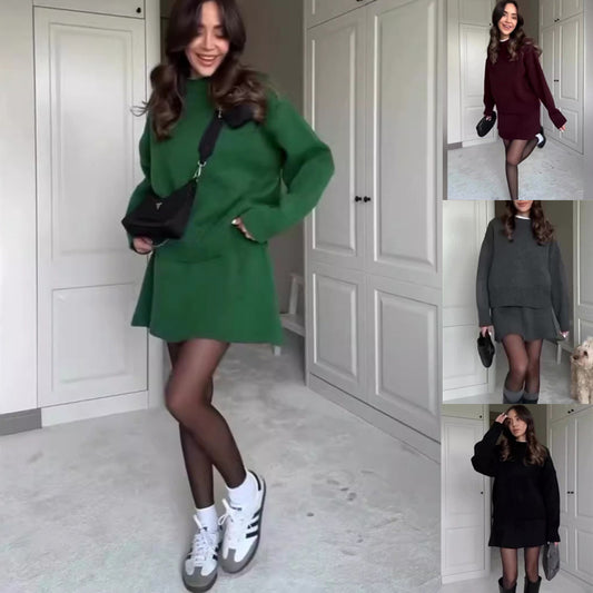 Sweater Skirt Sets For Women 2 Pieces Knit Casual Versatile Long Sleeve Pullover Elegant Solid High Waist Mini Skirt