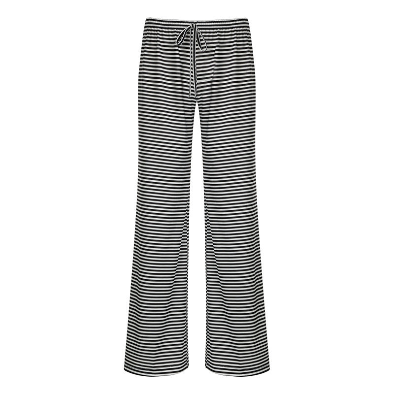 Women's Striped Print Trousers Casual Lace Up Home Straight