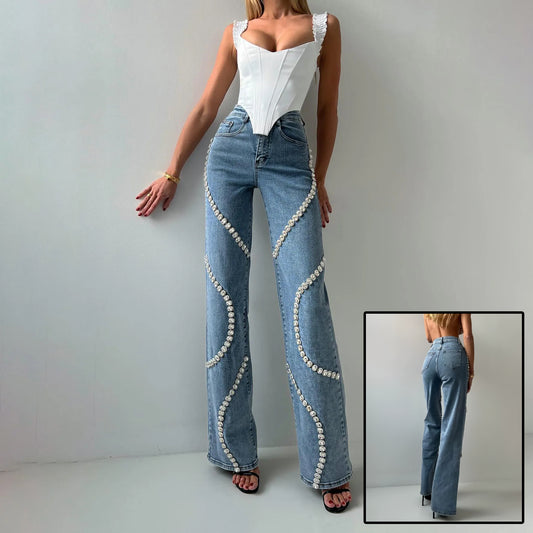 Straight Leg Jeans Women | Rhinestone Denim Pants