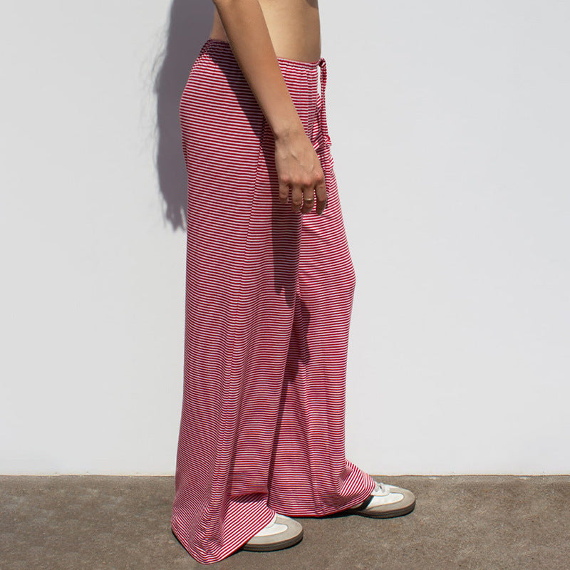 Women's Striped Print Trousers Casual Lace Up Home Straight