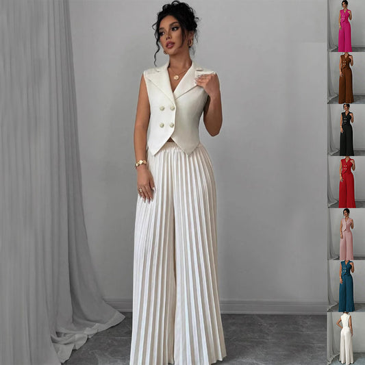 Summer Sleeveless Suit Fashion Lapel Button Vest Top And Pleated Straight Pants | Koalakits36