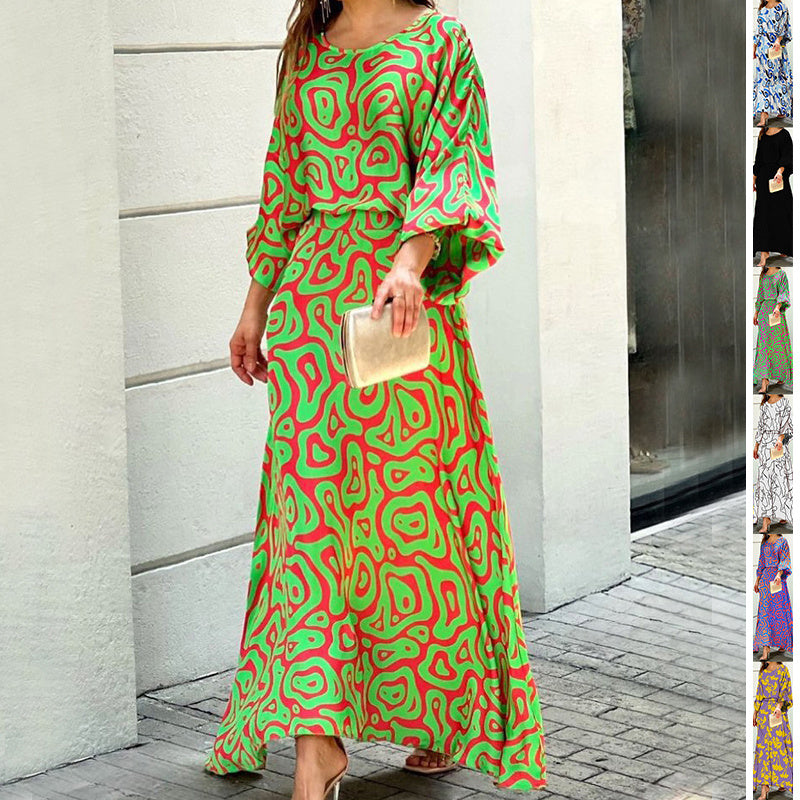 Loose Printed Long Sleeve Top And High Waist Long Skirt