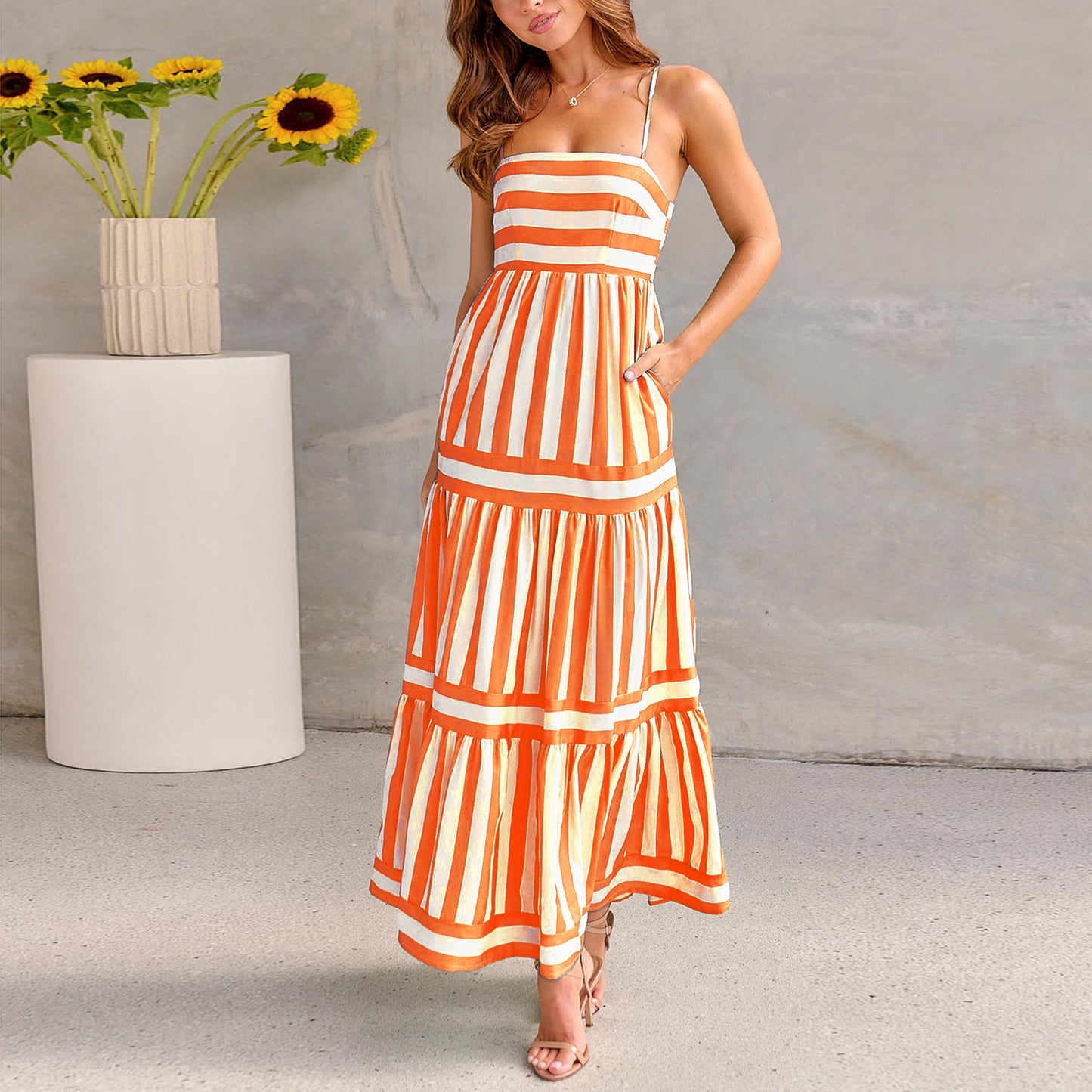 Striped Printed Suspender Long Dress - Suspender Dresses | Koalakits36
