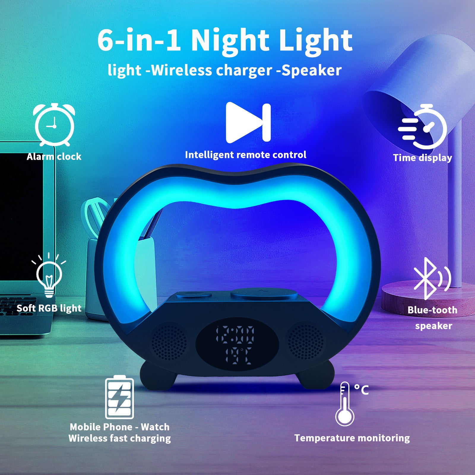 New 6 In 1 Smart Remote Control Bluetooth-compatible Ambience Intelligent LED Table Lamp Multi-function Wireless Charger