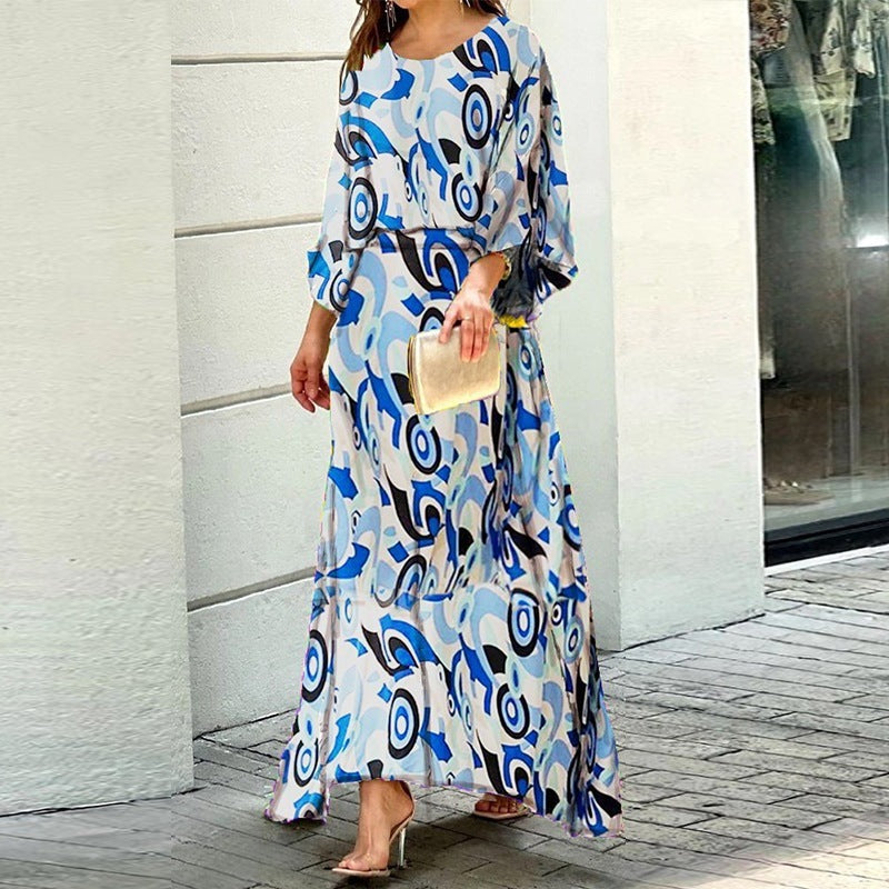 Loose Printed Long Sleeve Top And High Waist Long Skirt