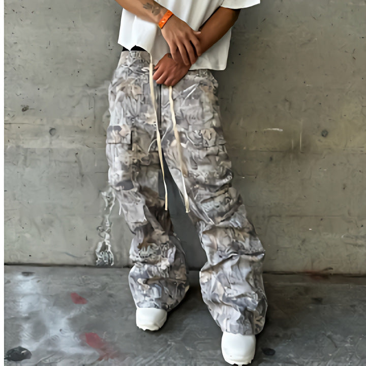 Washed Multi-pocket Slacks - Men's Drawstring Trousers