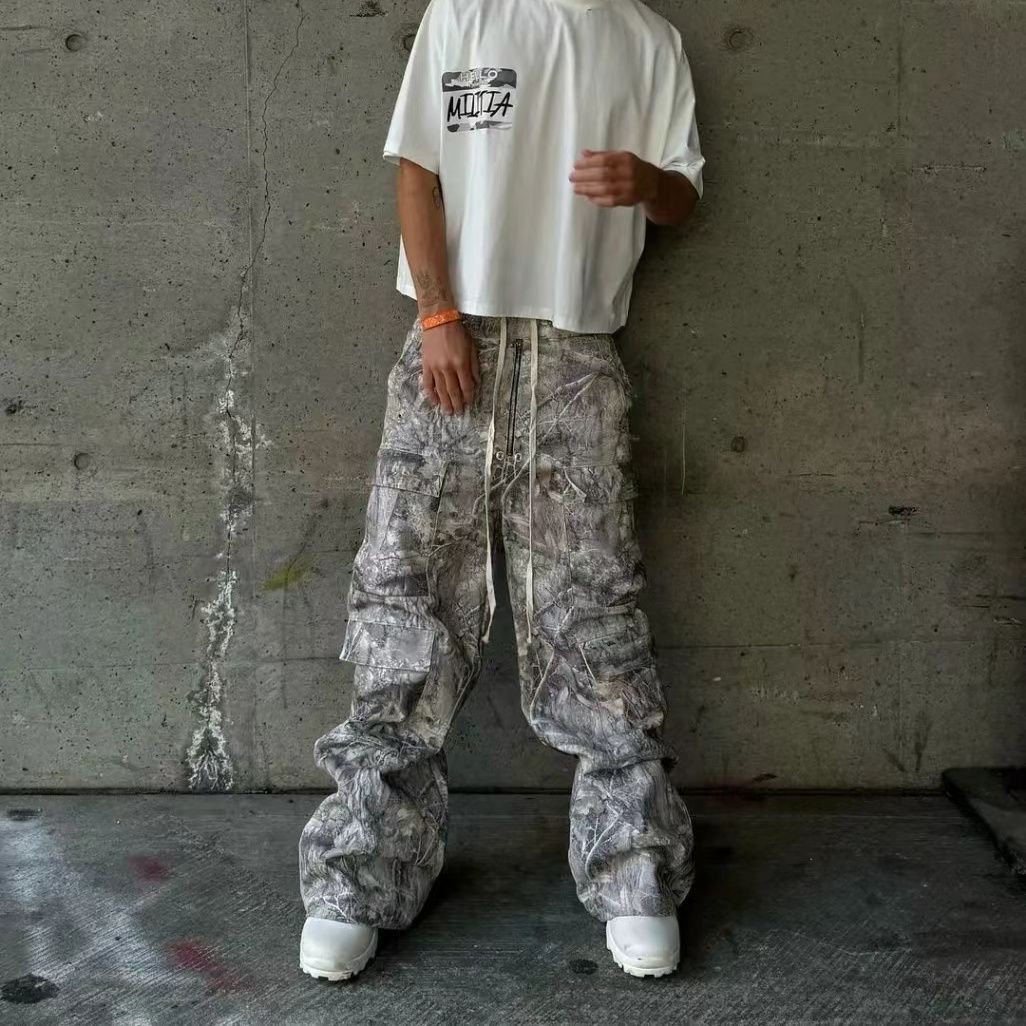 Washed Multi-pocket Slacks - Men's Drawstring Trousers
