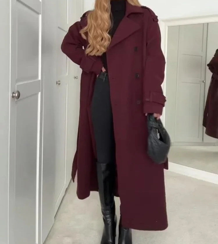 Fashion Lapel Woolen Coat With Belt Winter Double-breasted Trench Long Jacket