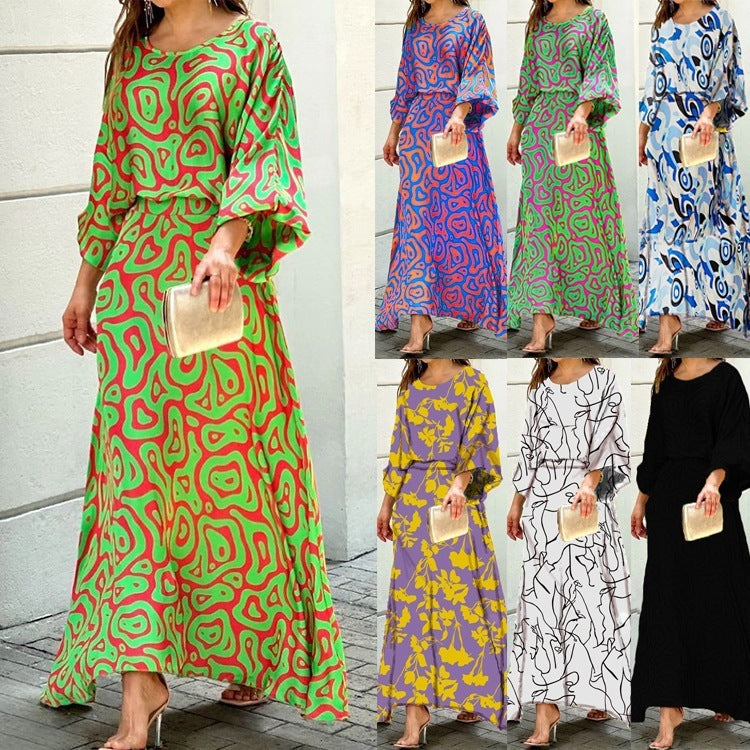 Loose Printed Long Sleeve Top And High Waist Long Skirt