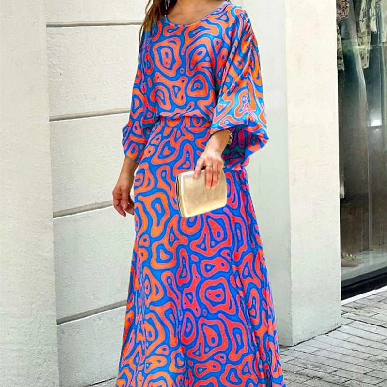 Loose Printed Long Sleeve Top And High Waist Long Skirt