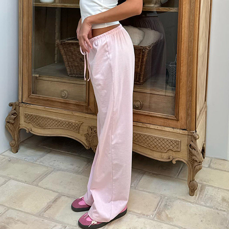 Women's Striped Print Trousers Casual Lace Up Home Straight