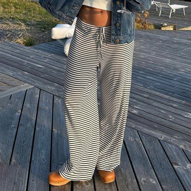 Women's Striped Print Trousers Casual Lace Up Home Straight