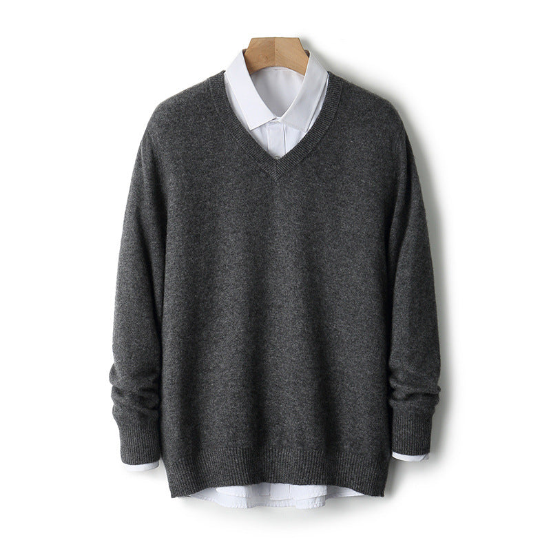 V-Neck Cashmere Sweater – Extra-Thick, Loose-Fit Warm Pullover for Autumn & Winter Wear