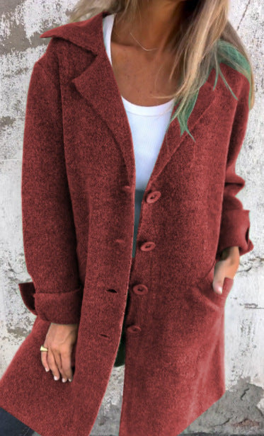 Lapel Single Breasted Cardigan With Pockets Fashion Color Solid