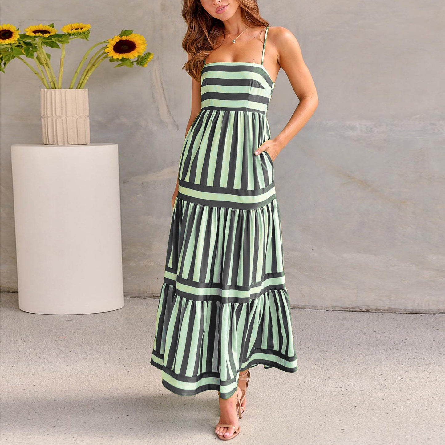 Striped Printed Suspender Long Dress - Suspender Dresses | Koalakits36