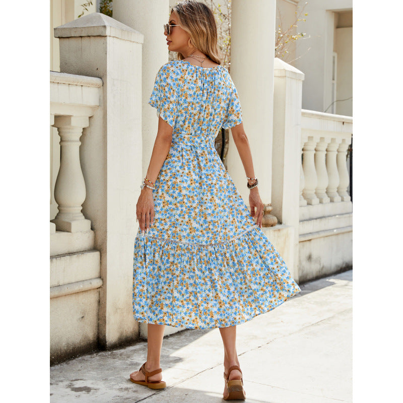 Sweet Silk Floral Lotus Leaf Sleeve Tight Waist Mid-length Short Sleeve Dress