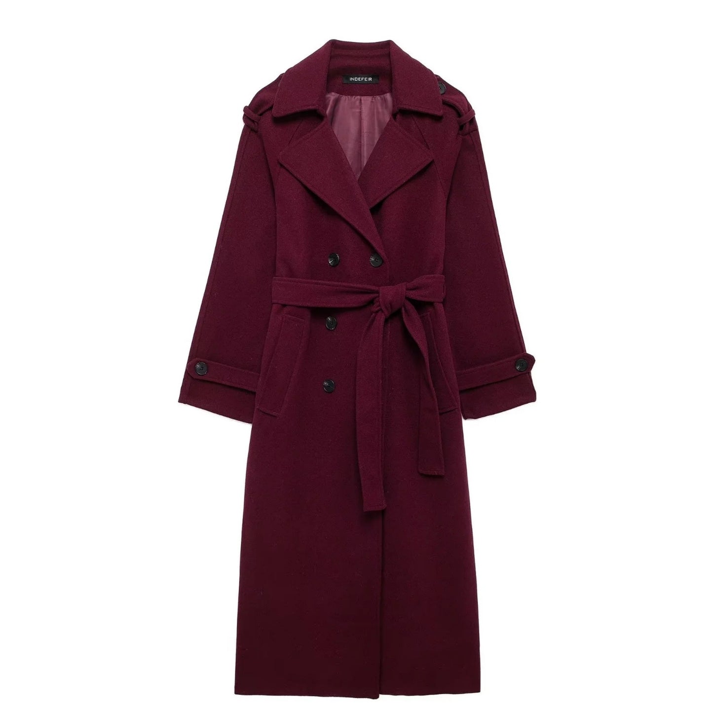 Fashion Lapel Woolen Coat With Belt Winter Double-breasted Trench Long Jacket