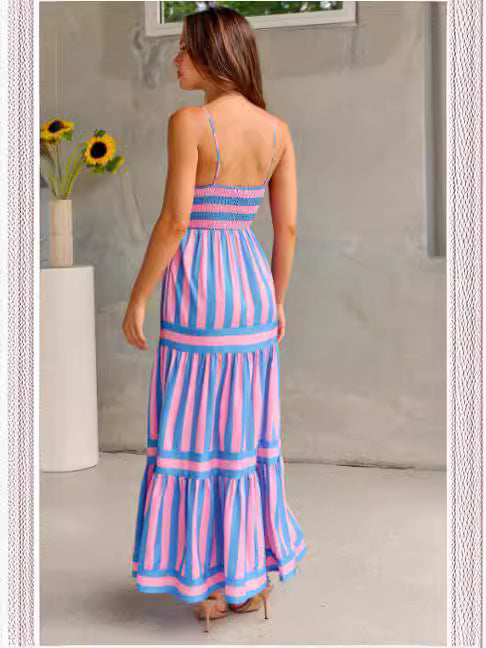 Striped Printed Suspender Long Dress - Suspender Dresses | Koalakits36