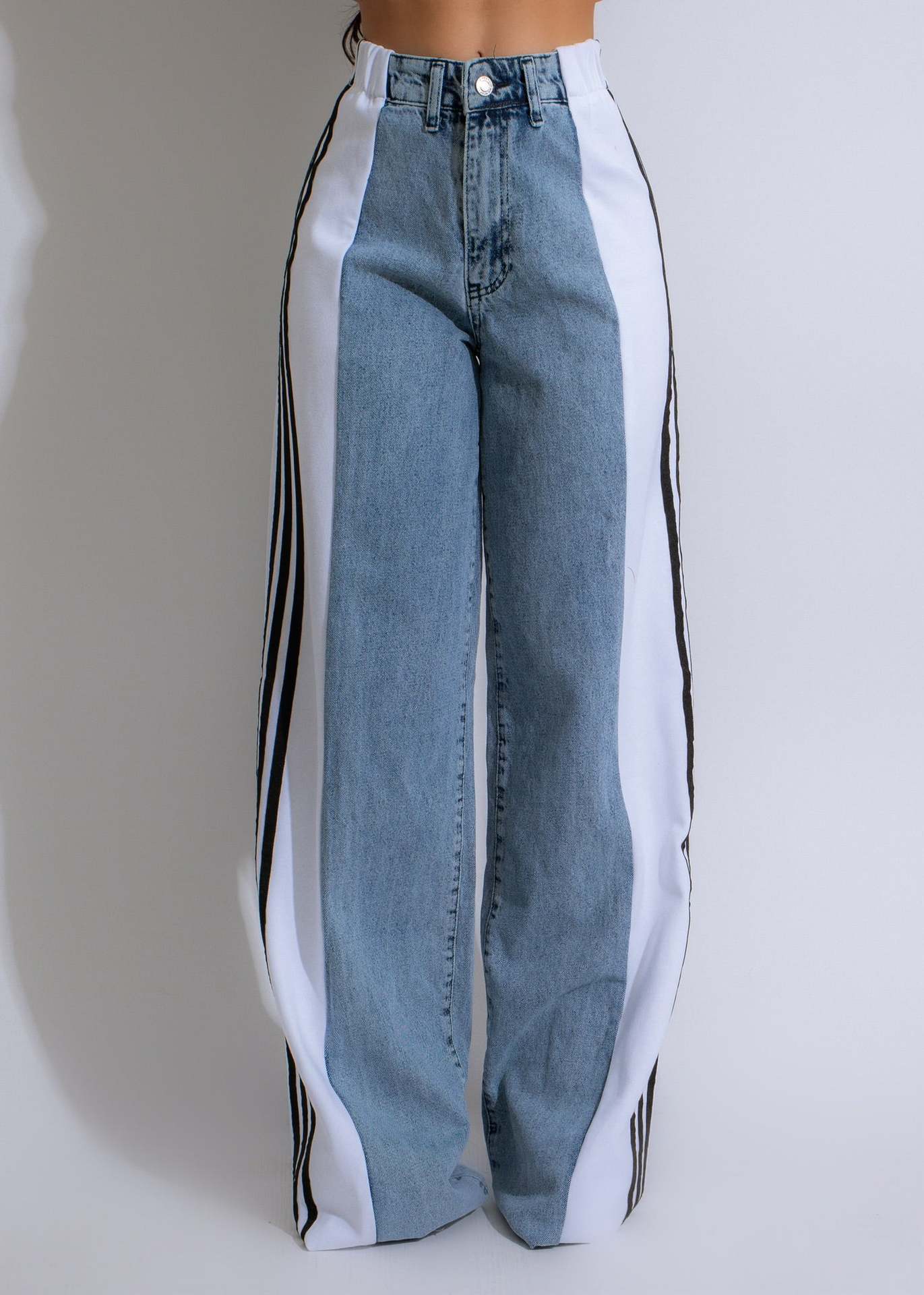 Fashion Casual High Waist Elastic Straight Leg Trousers Three Stripe Patchwork Denim Wide Leg Pants