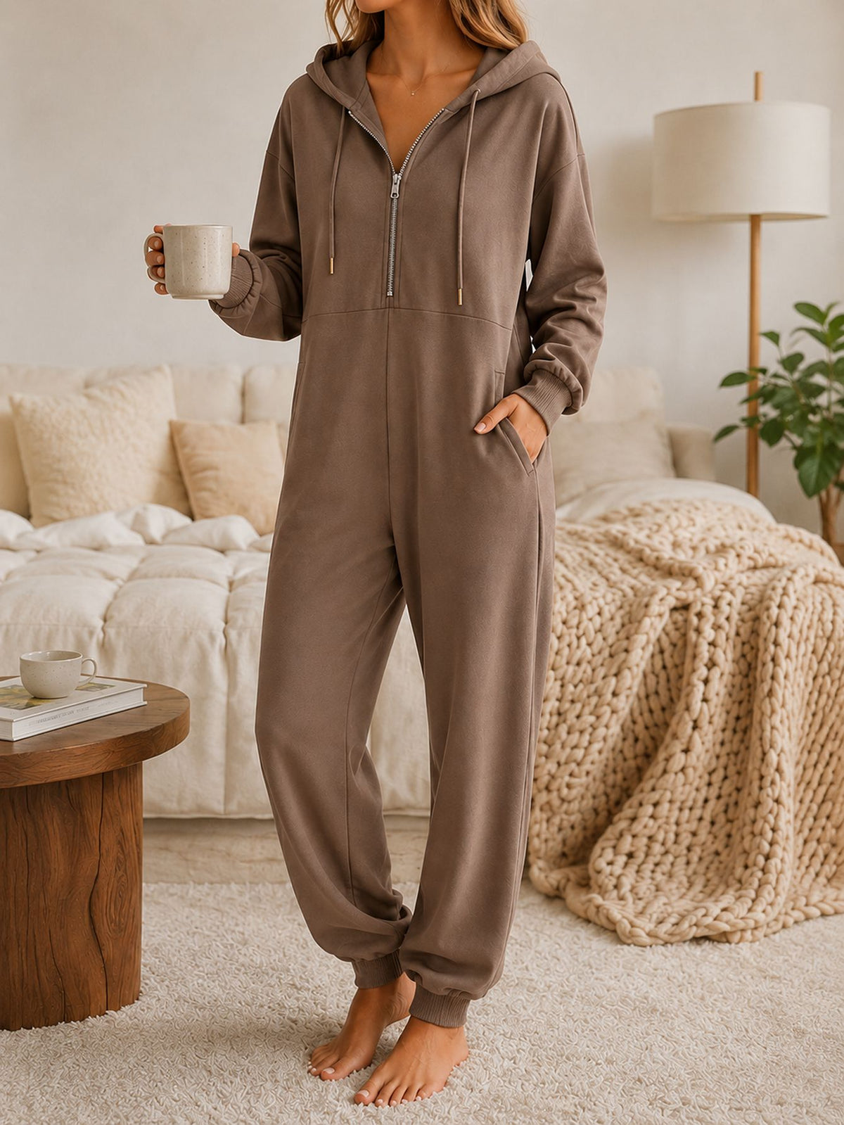 Hooded Zip-Up Jumpsuit for Women – Relaxed Full-Length Casual Style