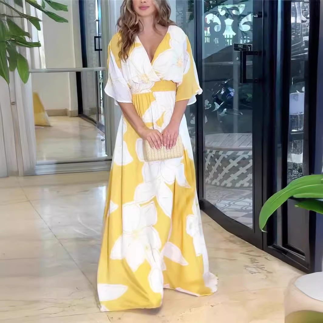 Flower Printed V-neck Batwing-sleeved Dress Fashion Elegant  Backless | Koalakits36