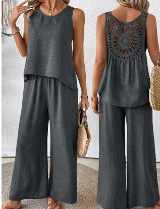 2 Pieces Set Women's Sleeveless Solid Color Back Hollow Lace Suit Summer Trendy Casual Top Wide Leg Pants Set For Daily Wear Holiday Outfit