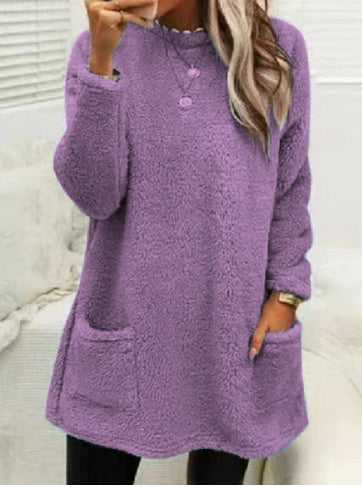 Women's Fleece Pullover Long Sweater With Pockets with Hoodie Winter Warm Thicken Casual Long Sleeve Plush Loose Tops Koalakits36