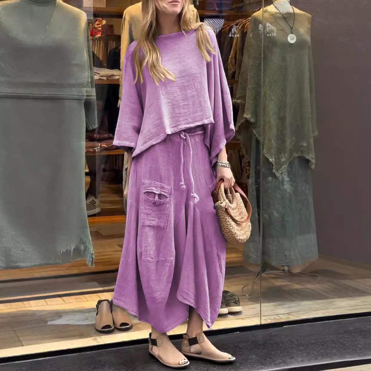 Loose-fitting Skirt Suit Fashion Solid Color Pullover Long-sleeved Top And Long Skirt Two-piece Set