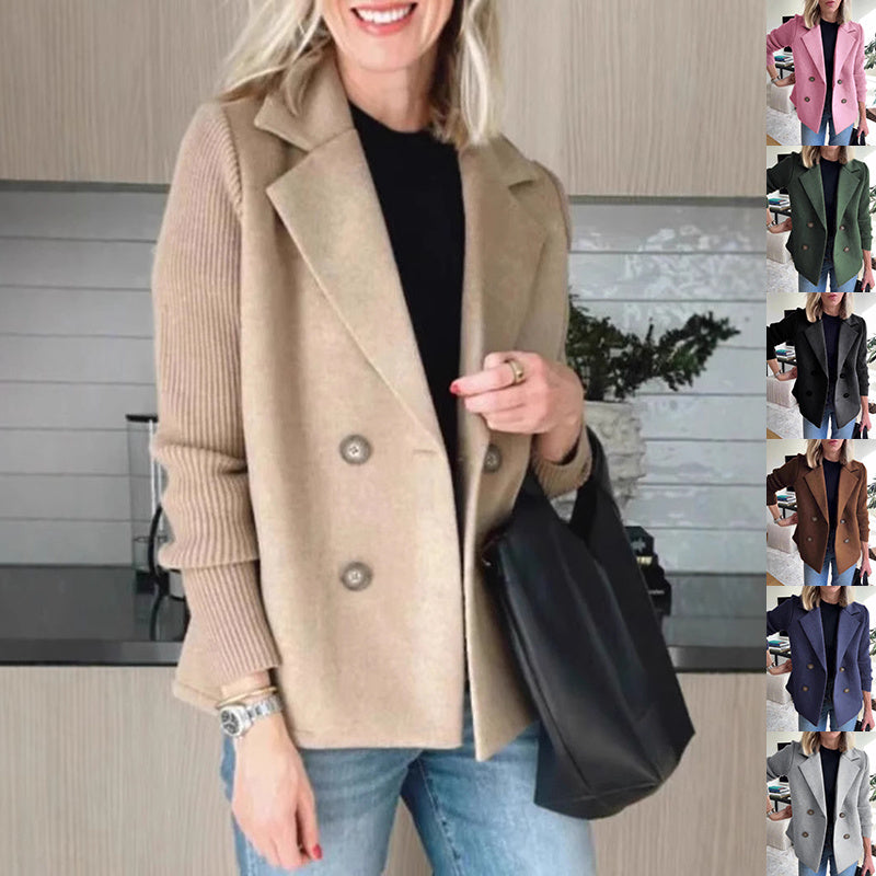 Double Breasted Lapel Jacket Fashion Knitted Sleeves Splicing Design Coat Outerwear Koalakits36