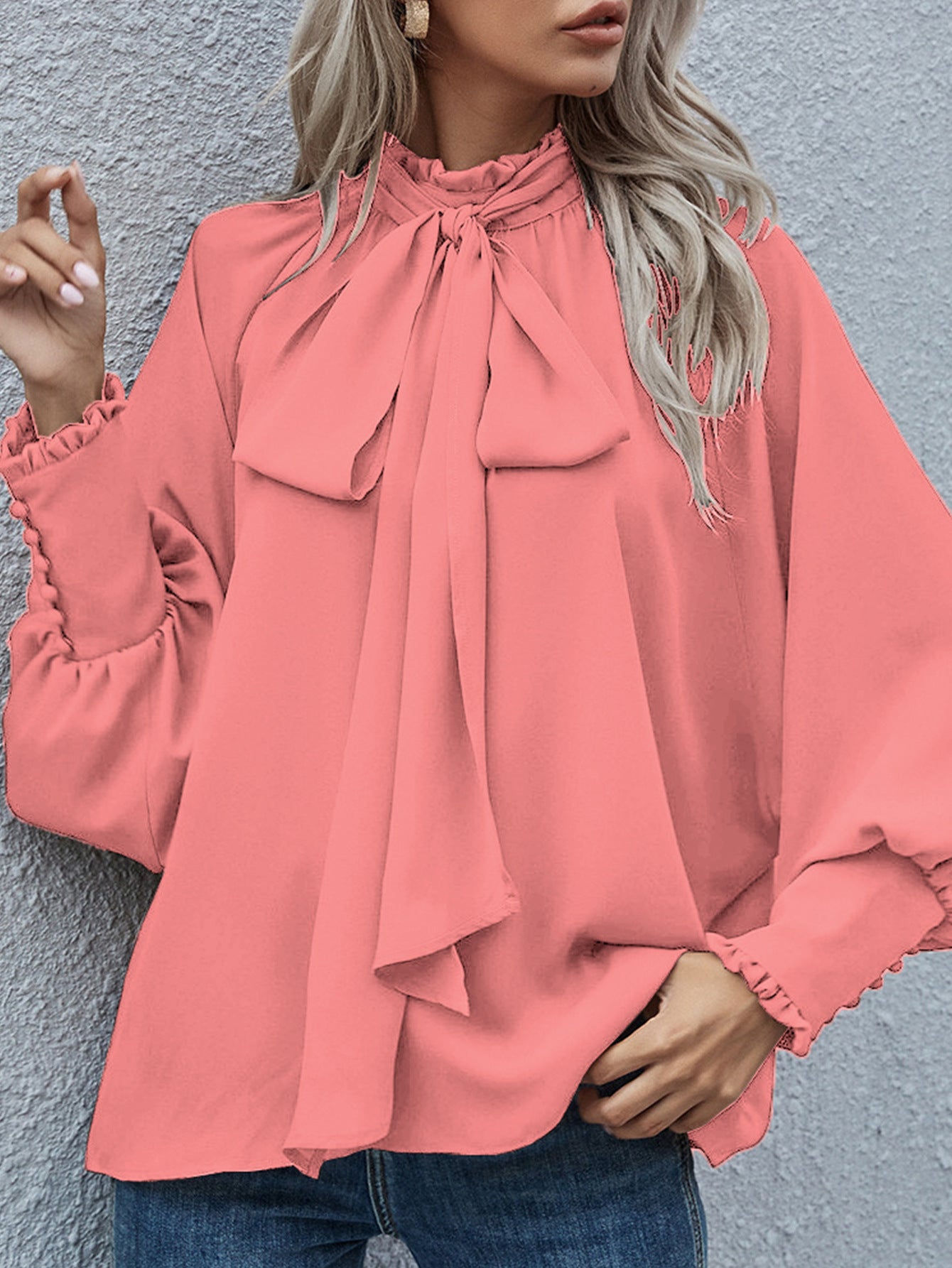 Long-sleeved Blouse Bowknot Puff Sleeves Fashion Commuter Office Tops  Koalakits36