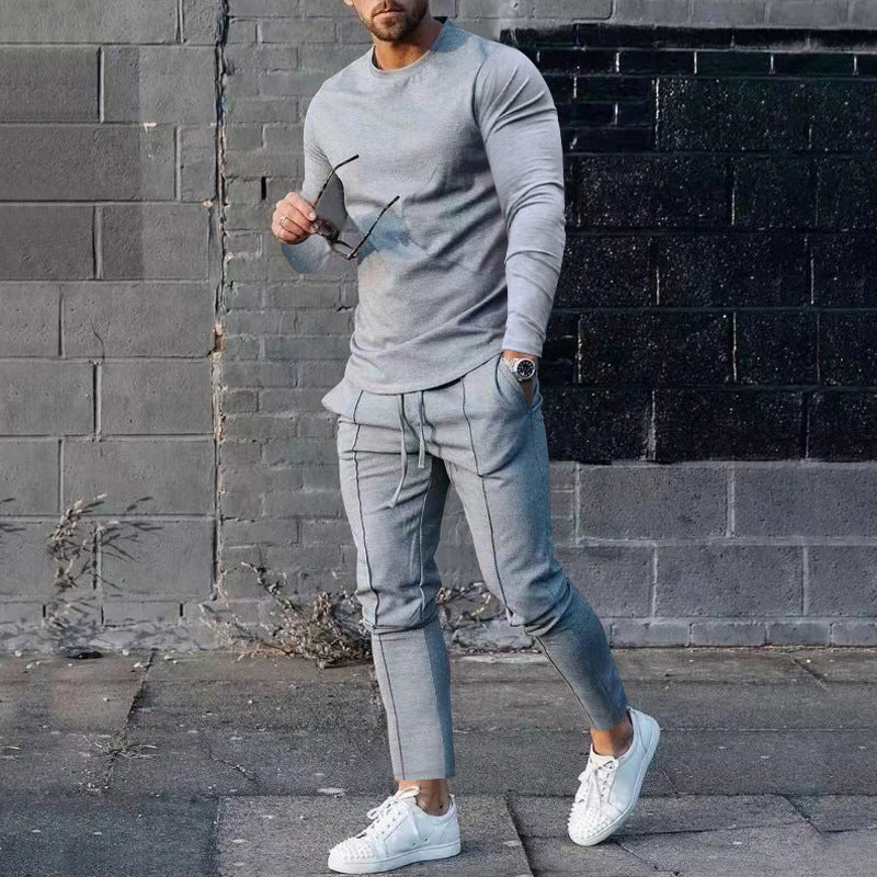 Men's Long-sleeved Suit Slim Crew Neck Pullover T-shirt And Pockets Drawstring Pants Casual Trousers Koalakits36