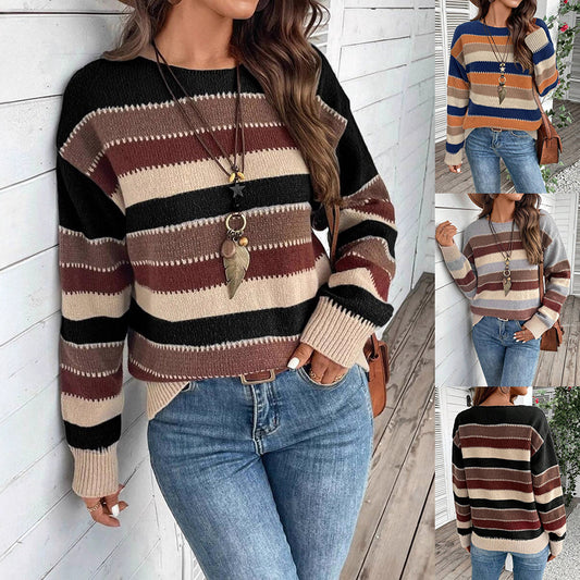 Colorblock Striped Pullover Sweater Fashion Casual Long Sleeve Top Autumn And Winter Clothing Koalakits36