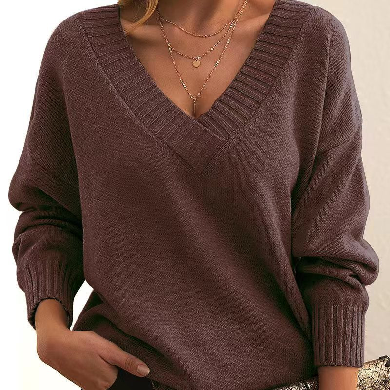 Solid V-neck Sweater Fashion Loose Long-sleeved Knitted Women's Tops Koalakits36