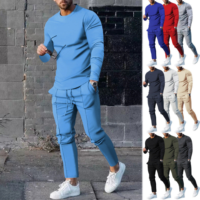 Men's Long-sleeved Suit Slim Crew Neck Pullover T-shirt And Pockets Drawstring Pants Casual Trousers Koalakits36