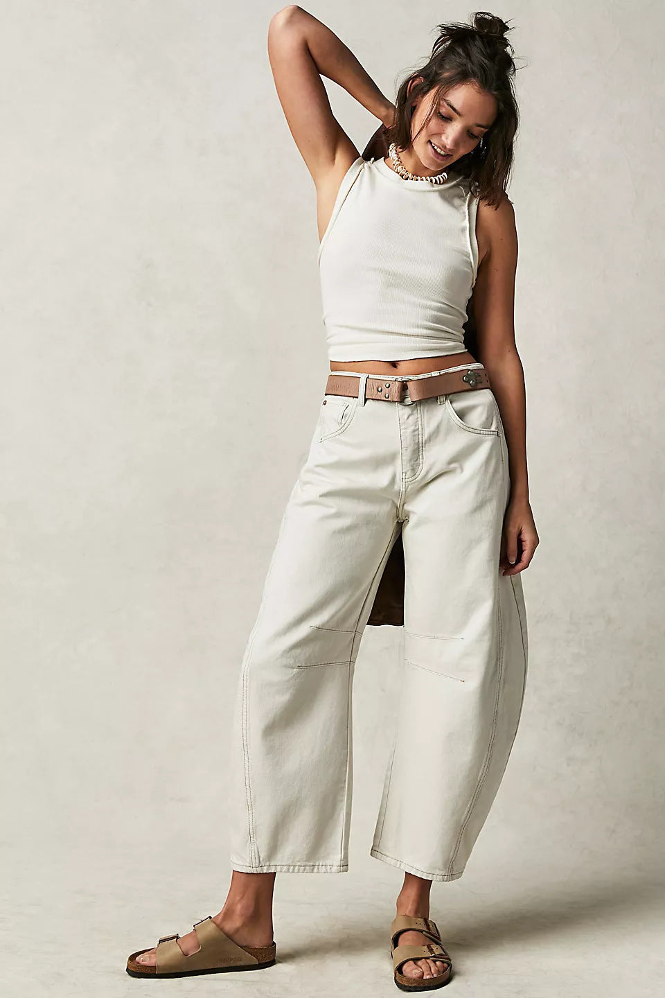 High Stretch Mid-Rise Barrel Jeans Fashion Wide Leg Shape Women Casual Baggy Mid Waist  | Koalakits36